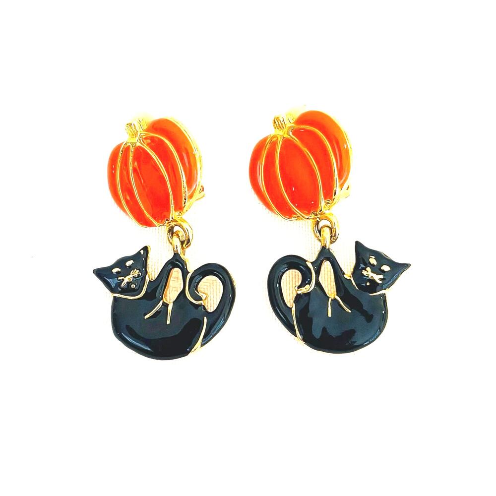 Vtg Halloween Pumpkin Black Cat Clip-on Earrings Enamel Dangle Statement Y2K